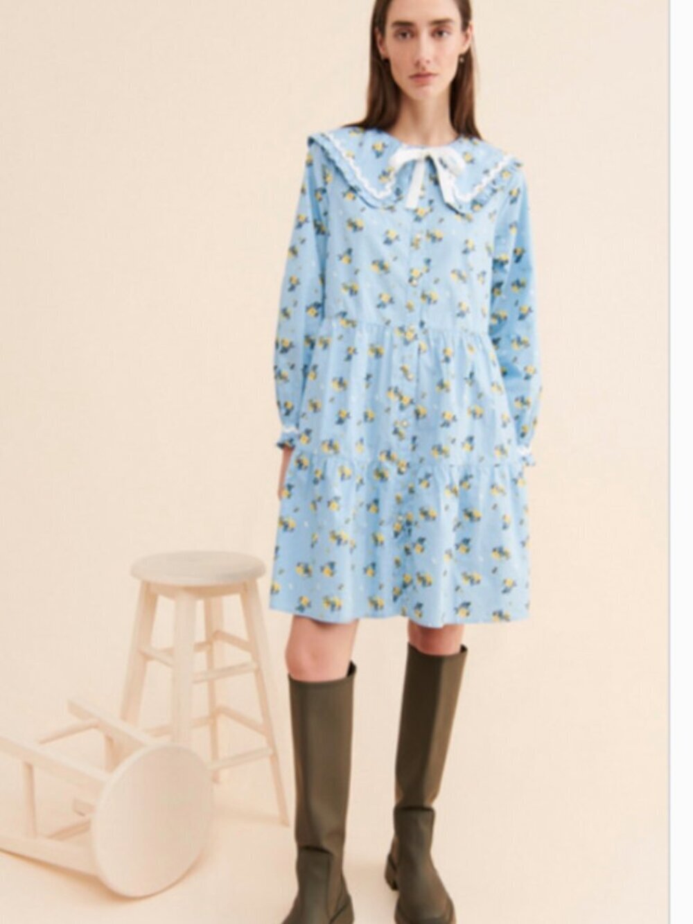 Cras Denise Collared Shirt Dress Long Sleeve Blue Yellow Size 6